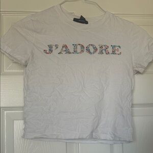 Forever 21 White Crop Top with Colorful J'adore Print